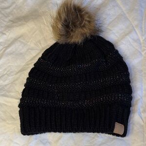 Black Knit Beanie with Faux Fur Pom